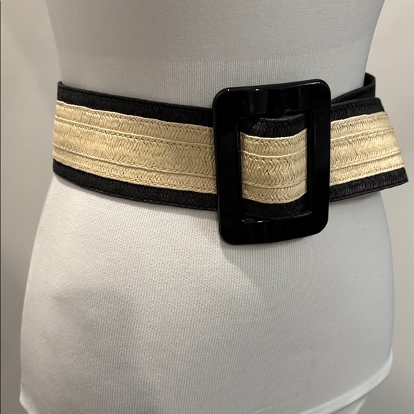 ZARA Woven Belt Black Cream Wide Stretch Statement Buckle Classic Chic - Picture 5 of 15